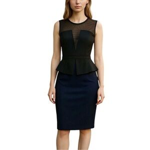 NWOT LRK Sheath Midi Dress Sz.8 Black Navy Peplum Structured Career Corporate